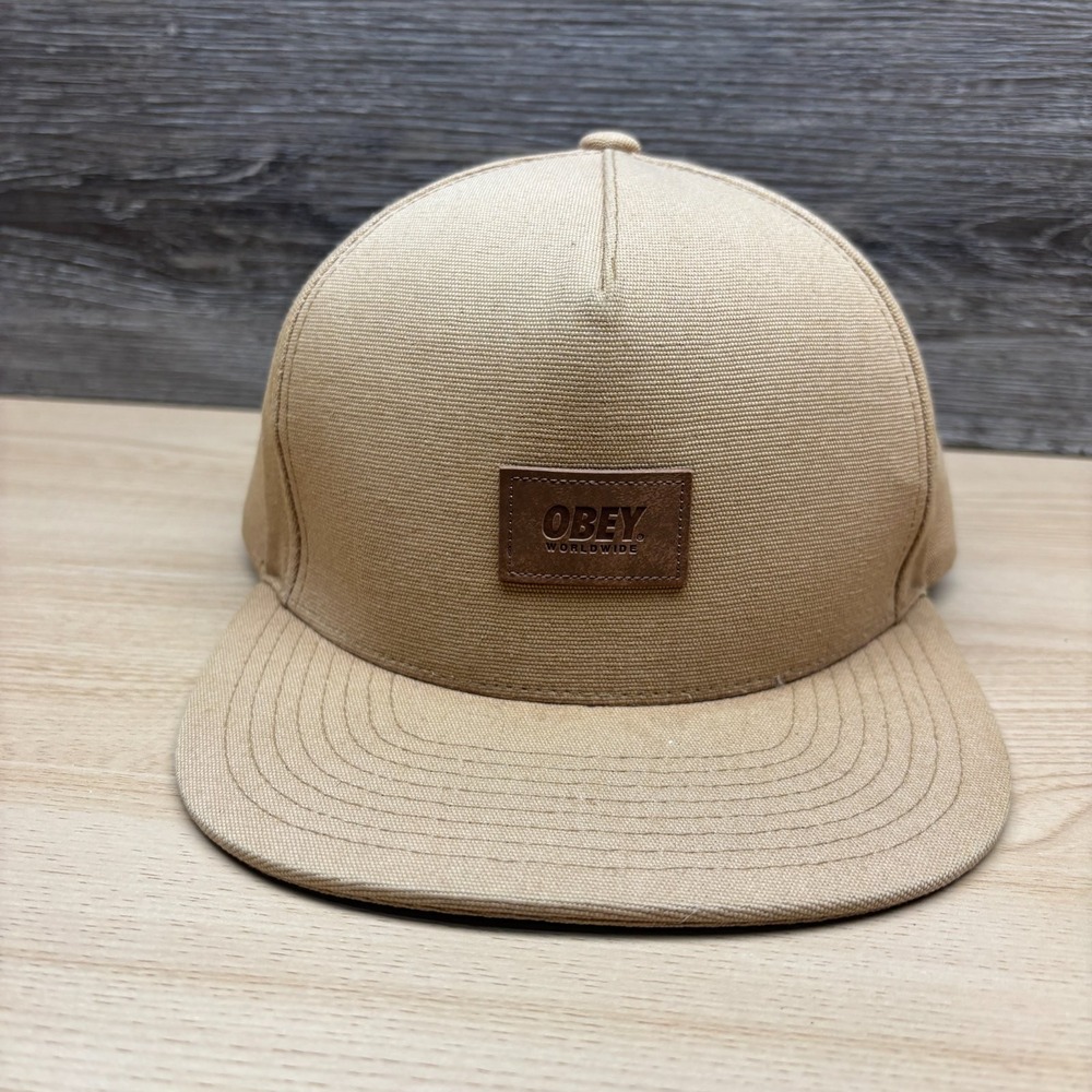 Obey Hat Cap Snap Back Beige Tan Brown Leather Logo Patch Streetwear Mens